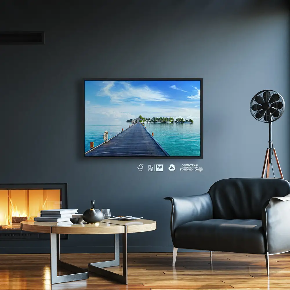 Strand & Meer Steg zur Insel im schwarzen Bilderrahmen, 120x60cm
