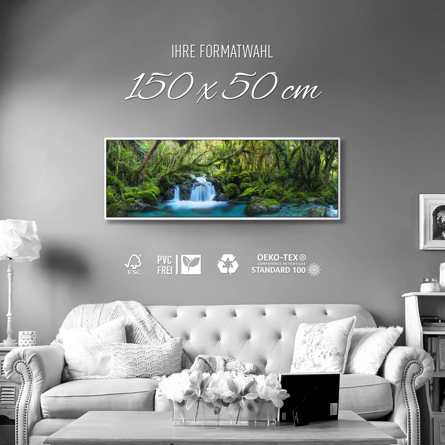 Dschungel idylischer Bachlauf im weißen Bilderrahmen, 150x50cm