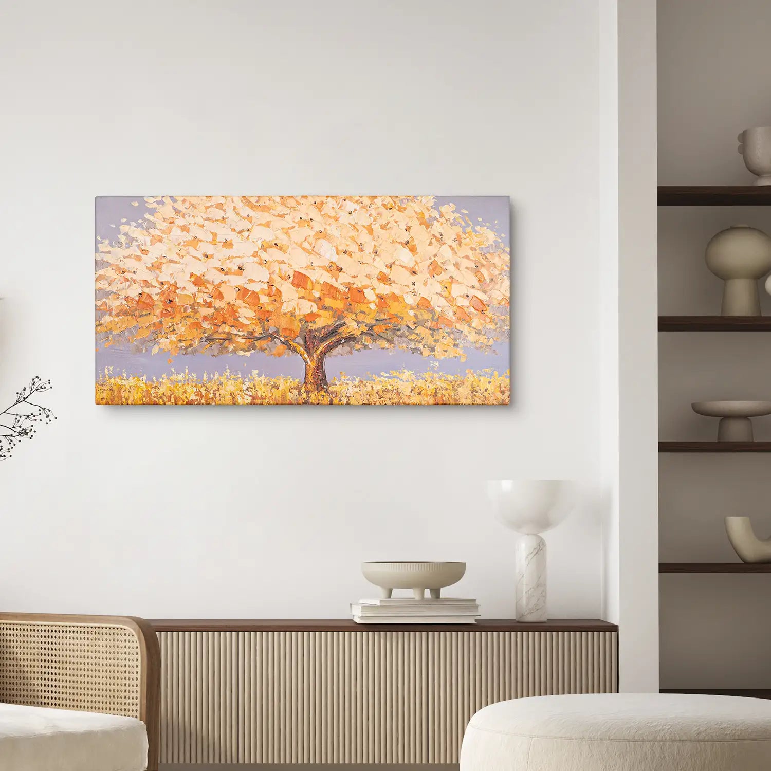 Wandbild 160x80 cm ohne Rahmen, handgemalt in leuchtendem Orange und sanftem Beige – ein abstrakter Baum, der die Dualität der Natur verkörpert – „Dualität der Natur“. – Dualitaet der Natur
