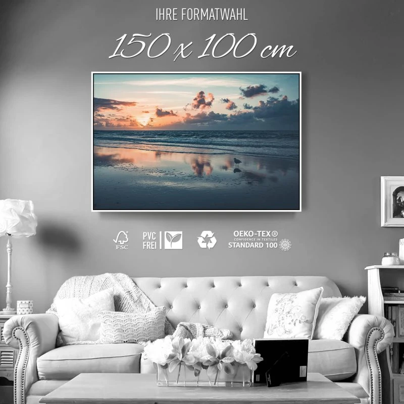 Strand & Meer Sonnenuntergang Nordsee im weißen Bilderrahmen, 150x100cm