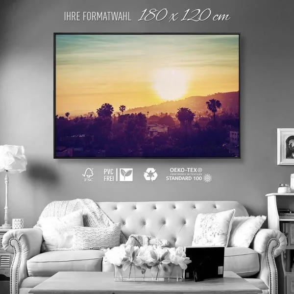 Skyline Los Angeles sunset im schwarzen Bilderrahmen, 180x120cm