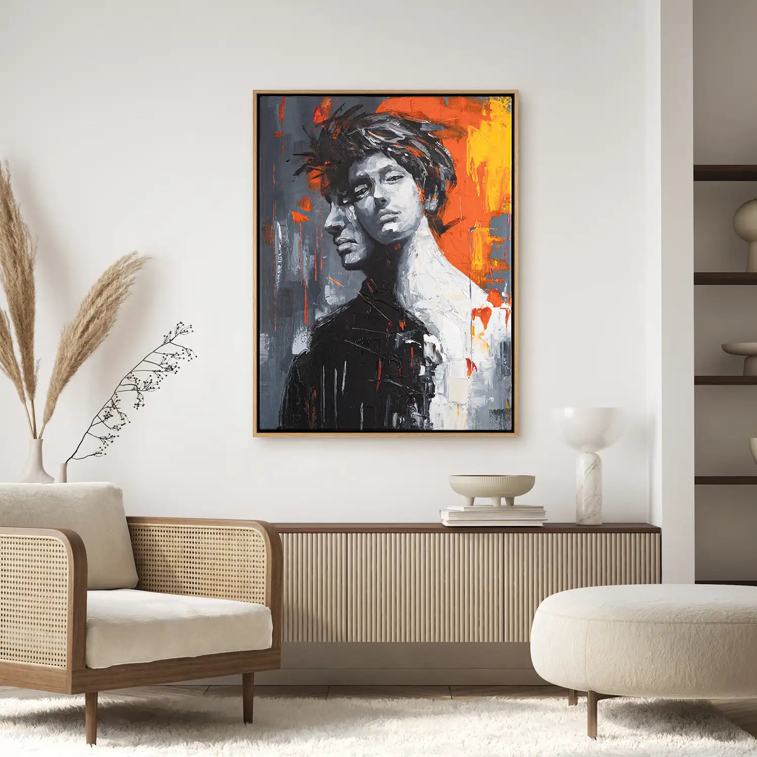 Leinwandbild echt handgemalt 60x80 cm im Rahmen Eiche hell in Schwarz, Weiß und Rot – Portrait eines Mannes in abstrakter Zerrissenheit – „Romulus and Remus“
