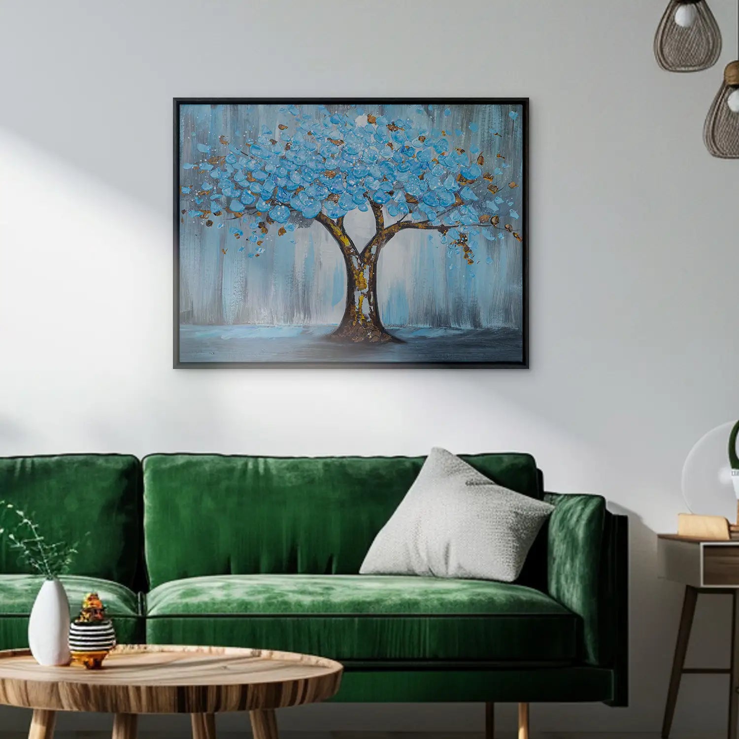 Leinwandbild 100x75 cm im Rahmen Eiche dunkel, handgemalt mit Acrylfarbe und Strukturpaste, abstrakter Baum der Natur – „Baum der Ewigkeit“