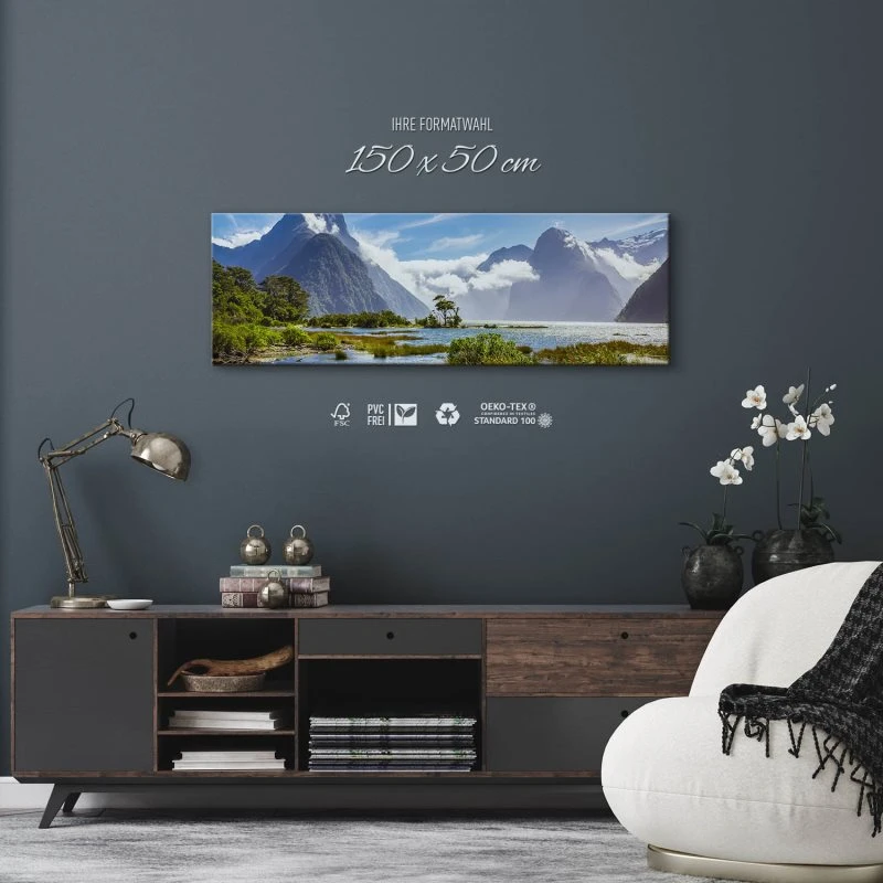 Berge & Gebirge Neuseeland Milford Sound Fjord als Leinwand Bild 150x50cm