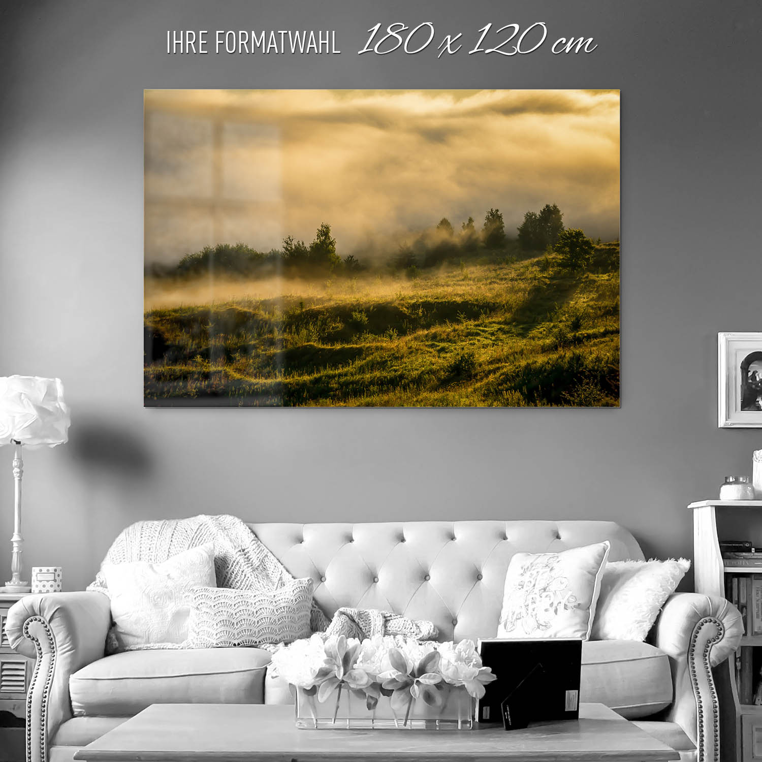 Wald Wiese Nebel am Morgen als Acrylglasverbund Bild 180x120cm