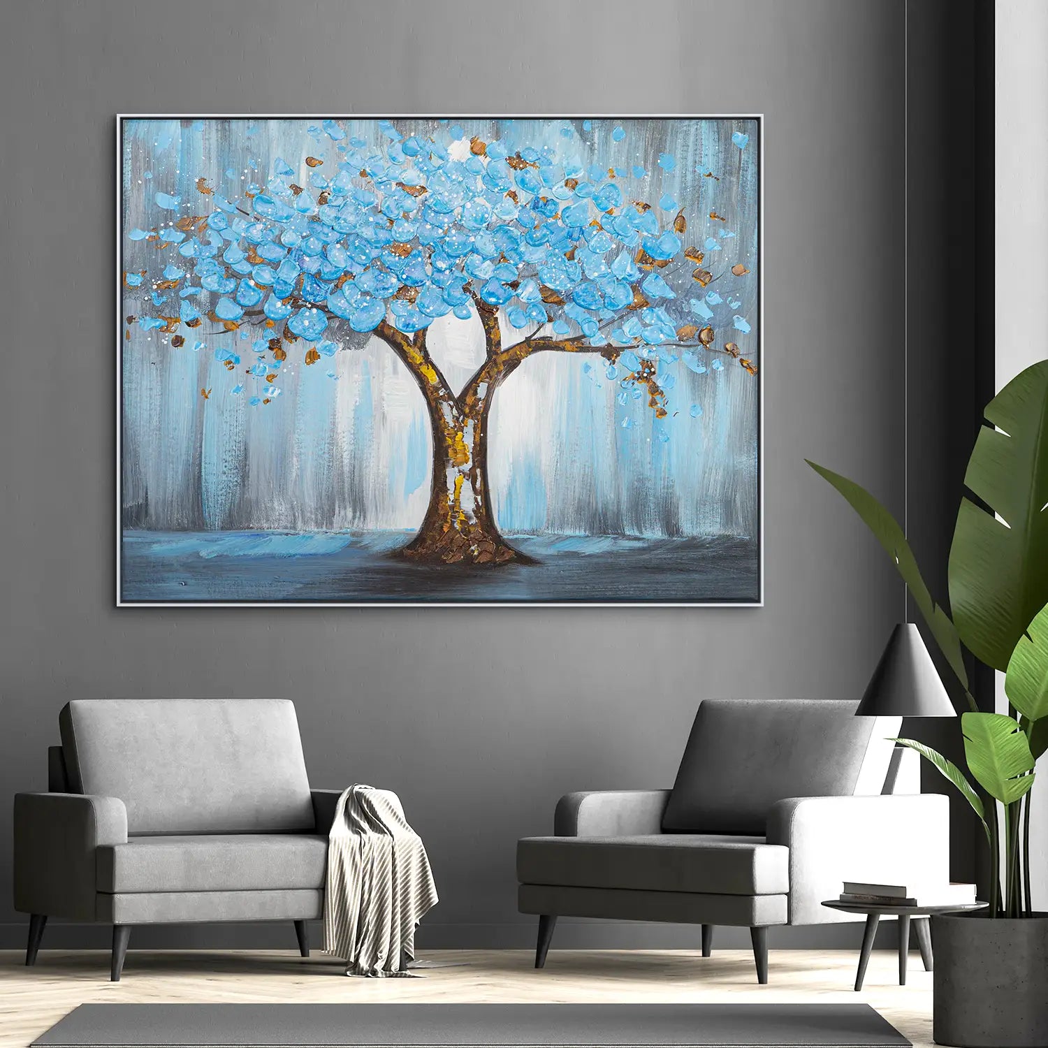 Gemälde 160x120 cm im Schattenfugenrahmen Weiß, handgemalt mit Acrylfarbe und Strukturpaste, abstrakter Baum der Natur – „Baum der Ewigkeit“