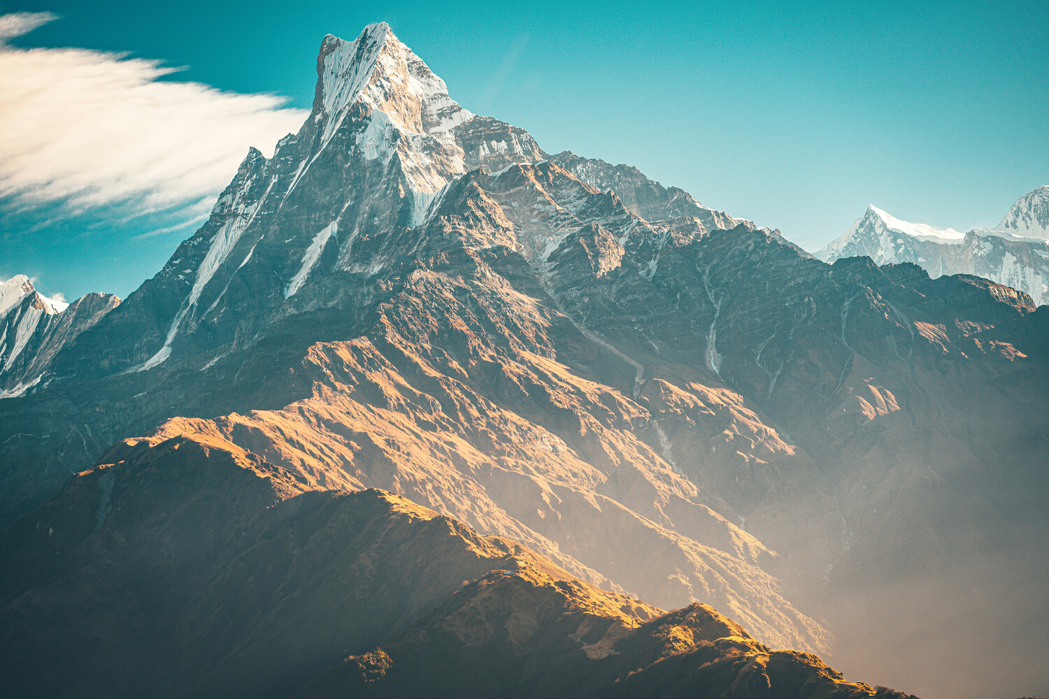 Gipfel-Machapuchare Poster glanz 180x120 Querformat Alle Landschaften Berge & Gebirge Blau Retro Braun Episch Asien