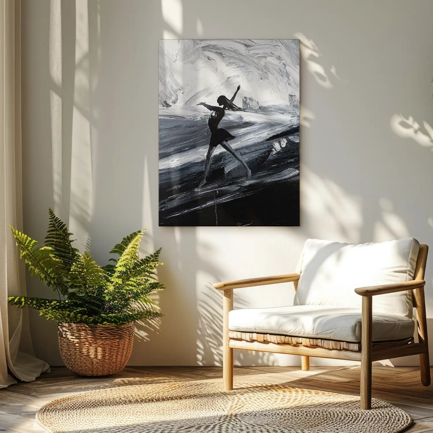 handgemaltes Gemälde 75x100 cm ohne Rahmen, dramatische Eleganz in Schwarz, Weiß und Grau – „Die Tänzerin“