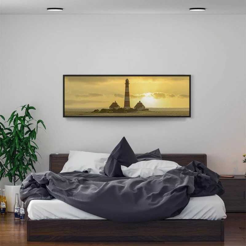 Strand & Meer Leuchtturm Westerheversand im schwarzen Bilderrahmen, 150x50cm