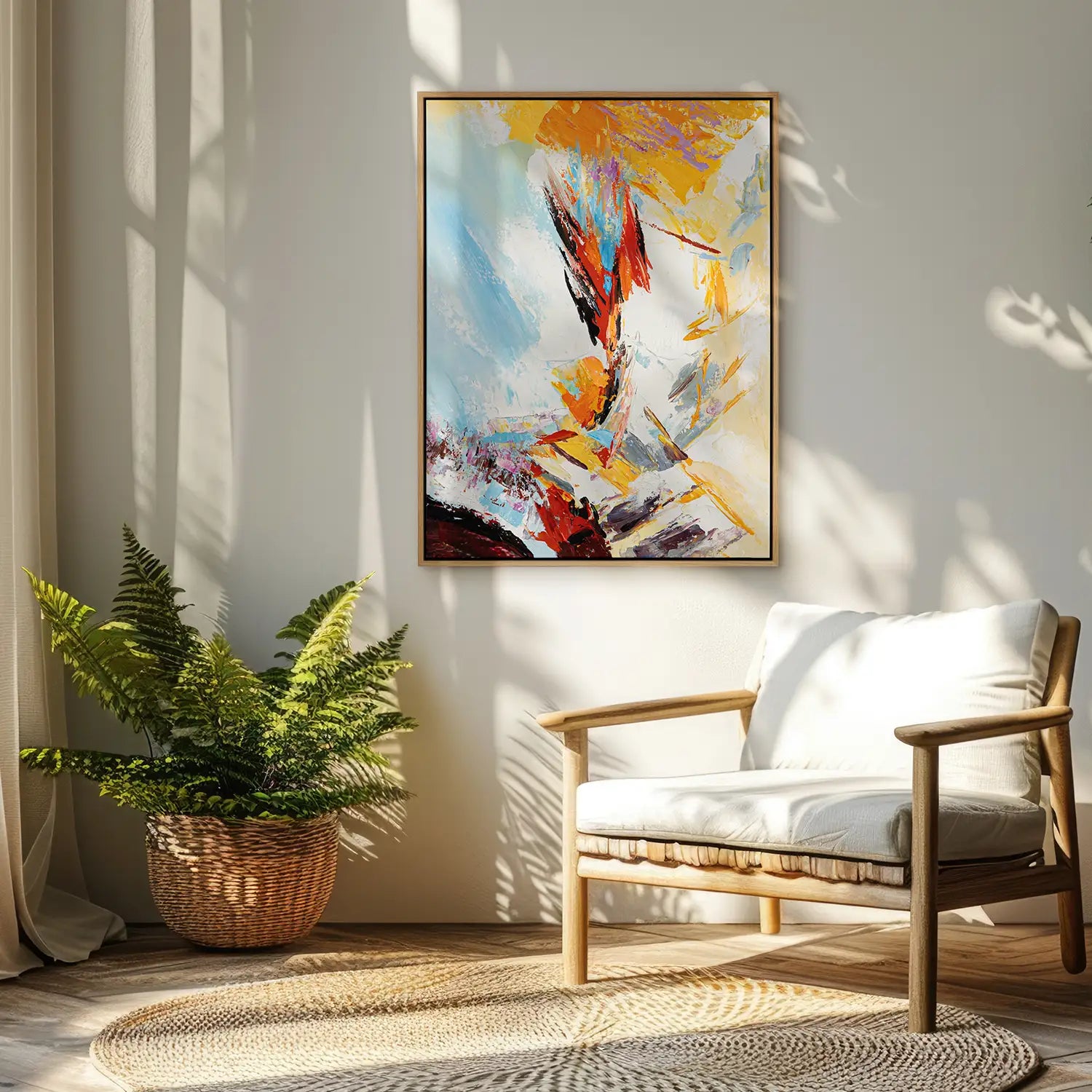 Wandbild 90x120 cm im Rahmen Eiche hell, handgemalt mit Acrylfarbe und Strukturpaste – Abstrakte Entfaltung versteckter Dimensionen in leuchtenden Rot- und Gelbtönen – „Versteckte Dimensionen“