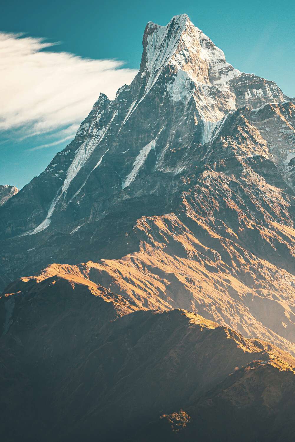 Gipfel-Machapuchare Leinwandbild 80x120 Hochformat Alle Landschaften Berge & Gebirge Blau Retro Braun Episch Asien