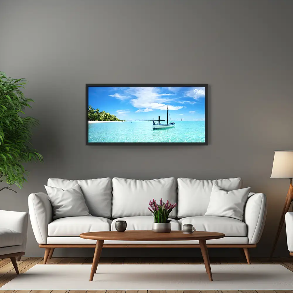 Strand & Meer Karibik Boot im schwarzen Bilderrahmen, 120x60cm