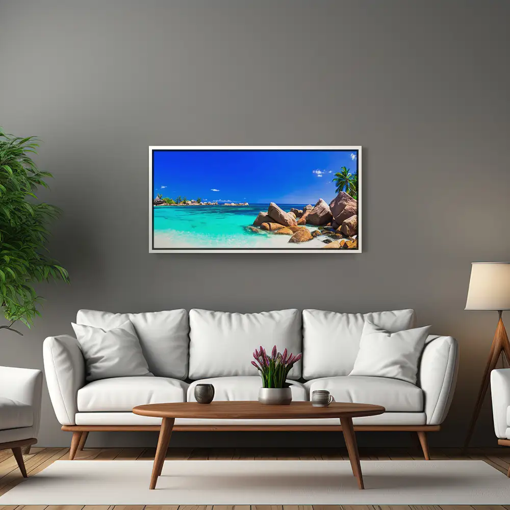 Strand & Meer Insel Praslin Seychellen im weißen Bilderrahmen, 120x60cm