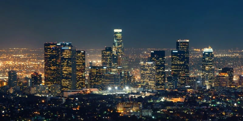 Skyline Los Angeles Nachts als Acrylglasverbund Bild 180x90cm