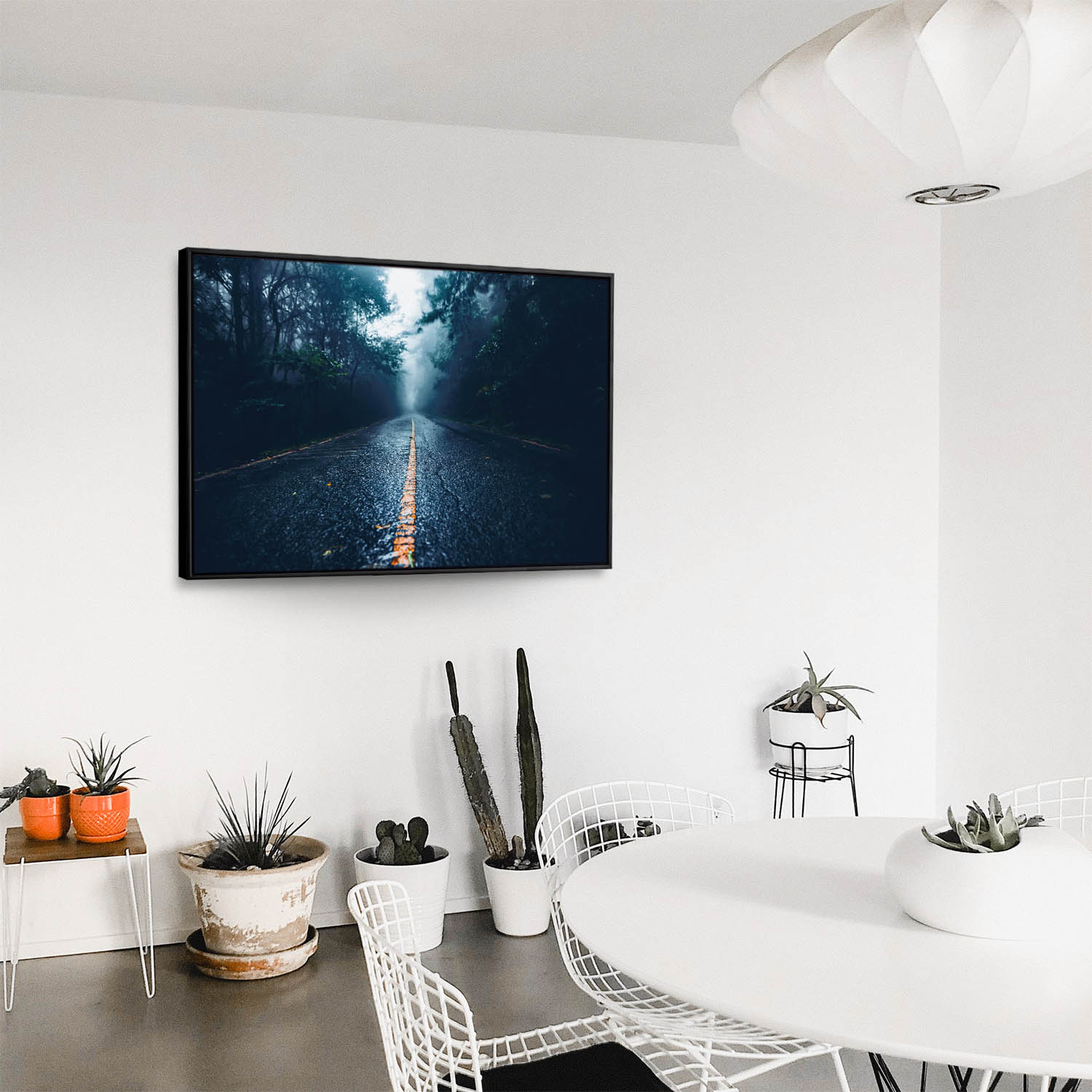 Wald & Bäume Straßenperspektive im schwarzen Bilderrahmen, 180x90cm