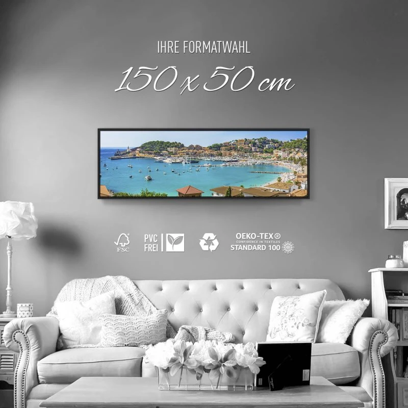 Strand & Meer Port de Soller, Mallorca im schwarzen Bilderrahmen, 150x50cm