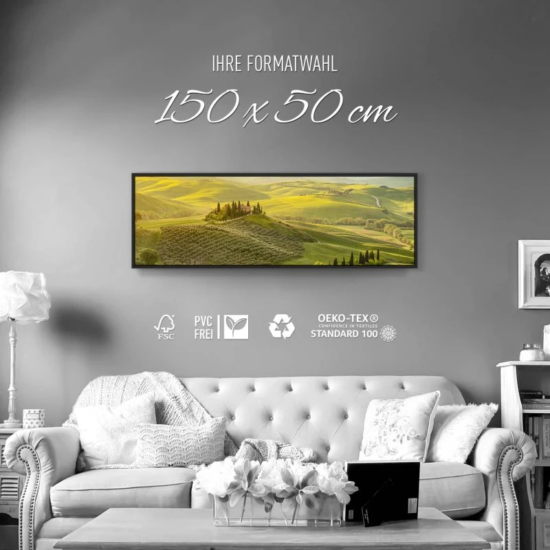Landschaft Toskana, Italien im schwarzen Bilderrahmen, 150x50cm
