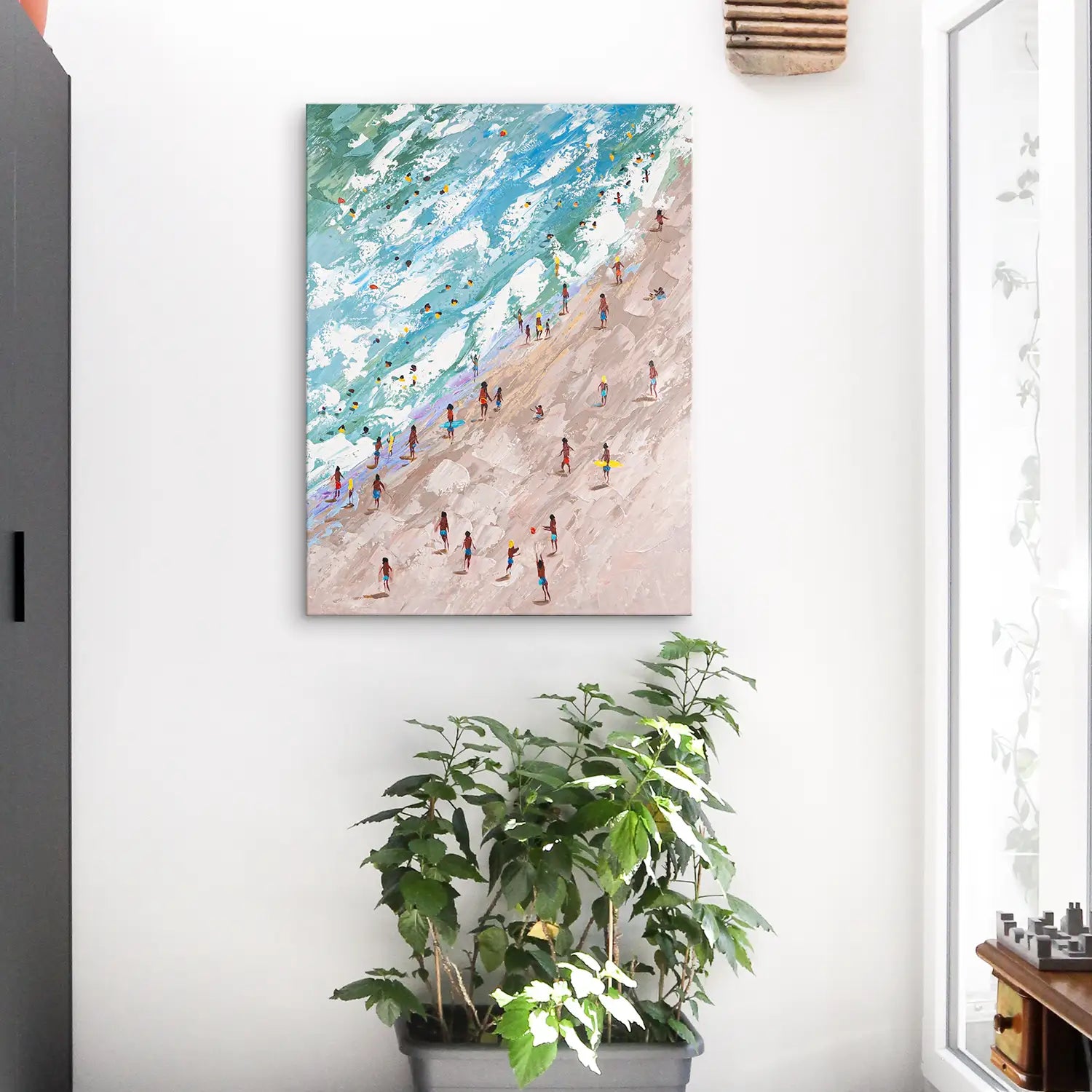 Gemälde 90x120 cm ohne Rahmen in sanften Erdtönen und Meeres-Blau – abstrakte Erkundung der menschlichen Existenz am Strand – „Rätsel der Existenz“ – Raetsel der Existenz