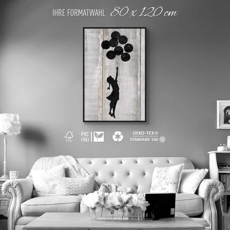Banksy im Hochformat 80x120cm Girl with ballons mit weißen Bilderrahmen