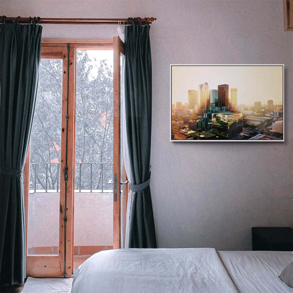 Skyline Los Angeles Sunset im weißen Bilderrahmen, 120x60cm