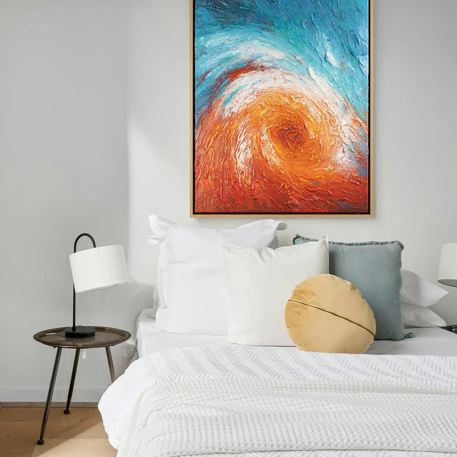 Gemälde handgemalt 90x120 cm im Rahmen Eiche hell, lebendiger Strudel in Rot und Blau – „Im Wirbel der Zeit“