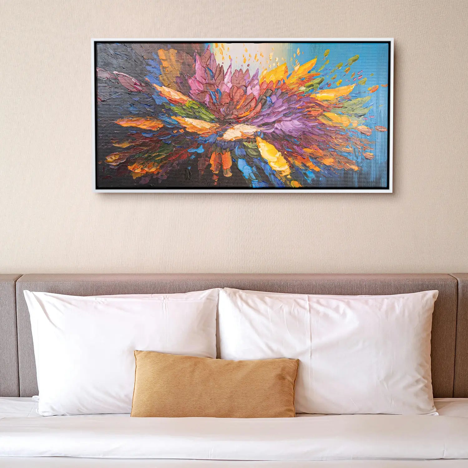 Leinwandbild handgemalt 160x80 cm im Schattenfugenrahmen Weiß, moderne Explosion der Farben, lebendige Abstraktion für Büro, Wohnzimmer und Schlafzimmer – „Tanz der Farben“