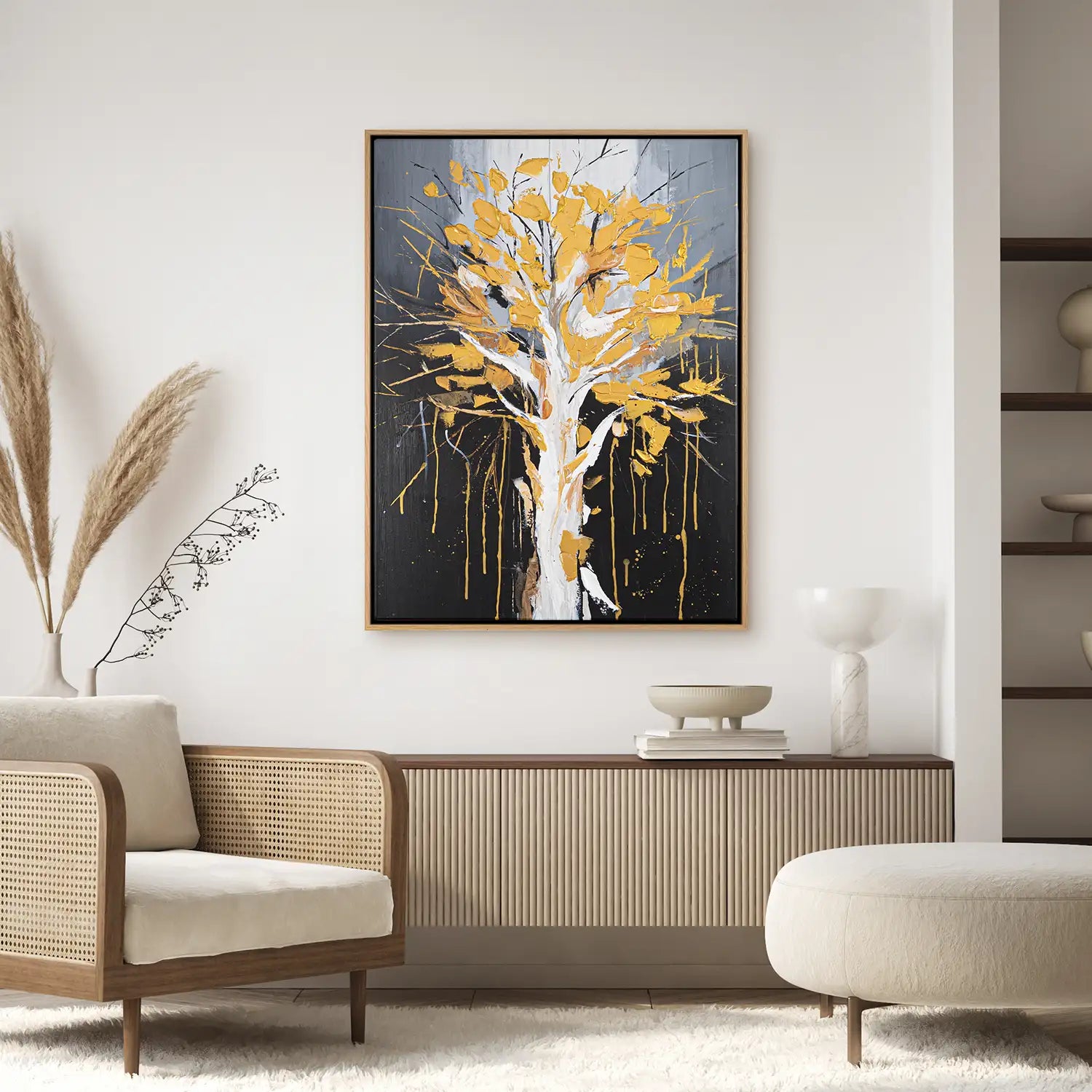 Wandbild echt handgemalt 150x200 cm im Rahmen Eiche hell, abstrakte Baumkrone in Gold und Schwarz – „Golden Leaves“