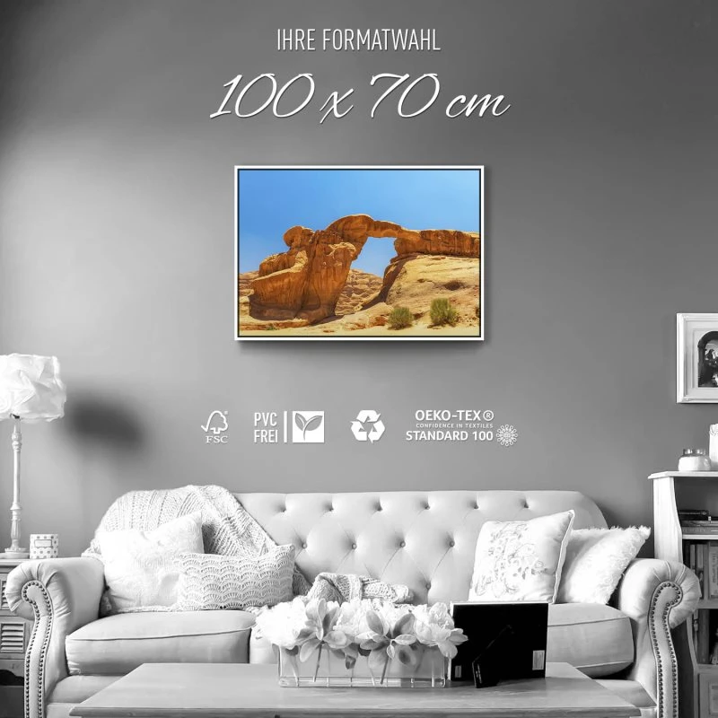 Berge & Gebirge Wadi Rum Wüste im weißen Bilderrahmen, 100x70cm