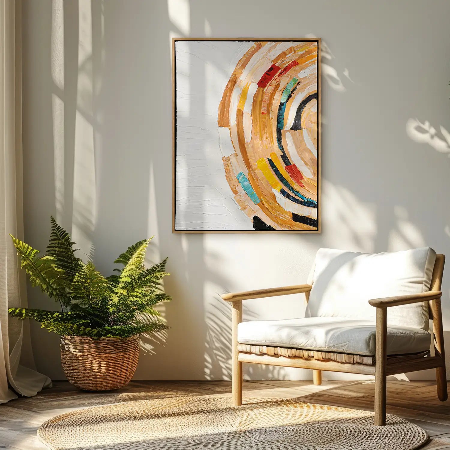 Wandbild 90x120 cm im Rahmen Eiche hell, handgemalt mit Acrylfarbe und Strukturpaste – ein abstrakter Dialog zwischen Grenzen und Freiheit, der die Sehnsucht nach Unendlichkeit verkörpert – „Sehnsucht nach