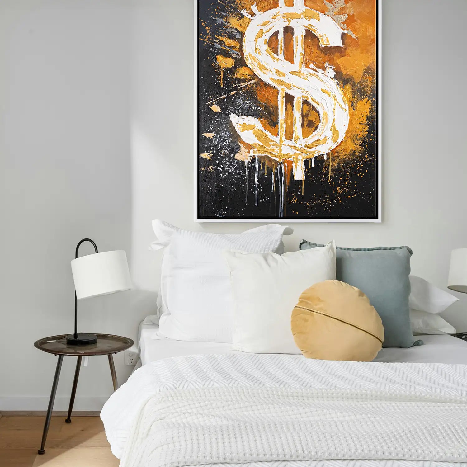 Gemälde 150x200 cm im Schattenfugenrahmen Weiß in Schwarz und Orange – ein abstraktes Spiel von Motivation und Erfolg – „Dollar“