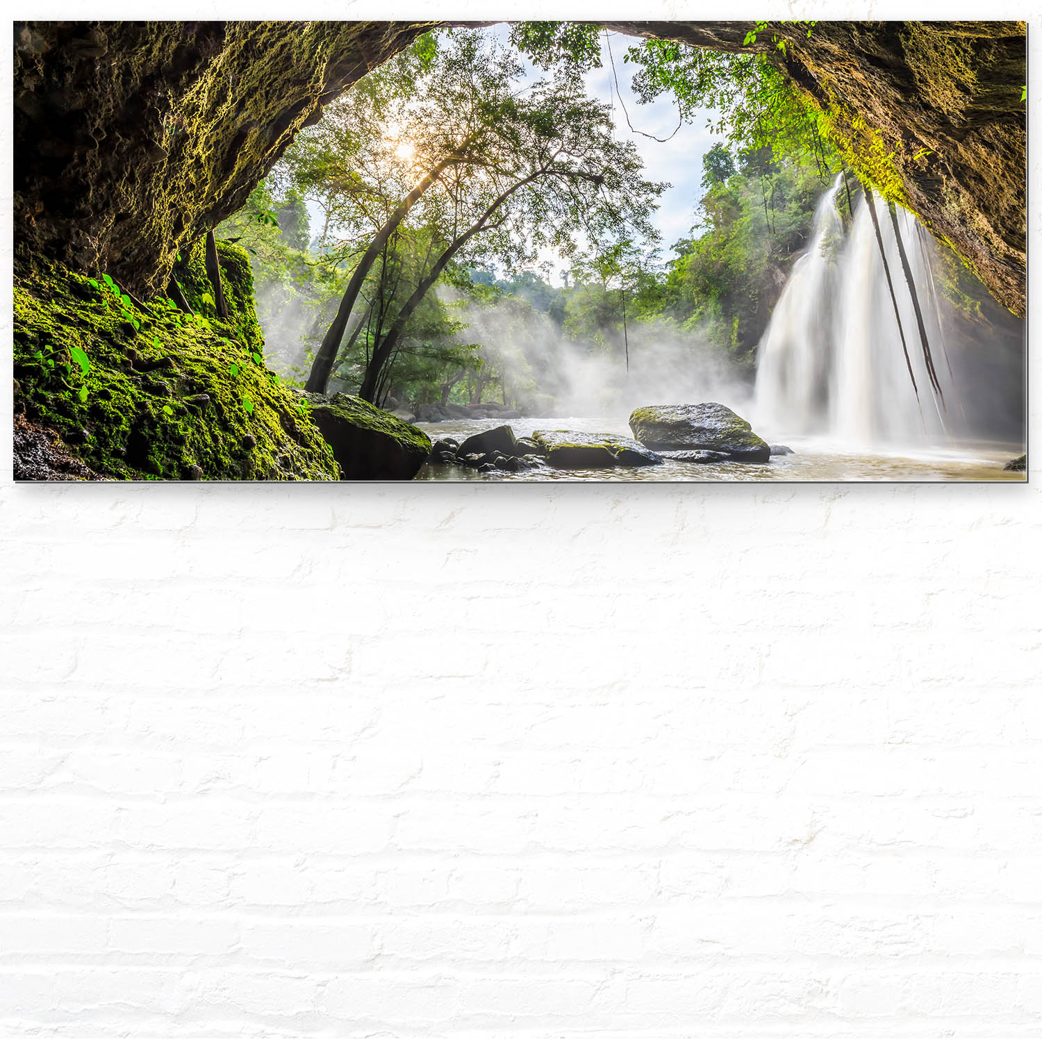 Regenwald Höhlenfall als Acrylglasverbund Bild 110x50cm