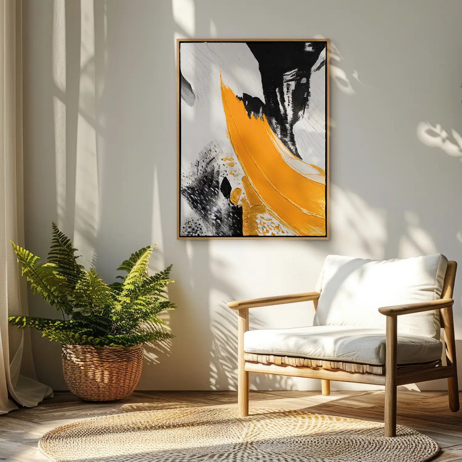 Leinwandbild 90x120 cm im Rahmen Eiche hell, handgemalt mit Acrylfarbe und Strukturpaste, dynamisches Spiel von Licht und Schatten in Abstrakt und modern – „Resonanz des Geistes“