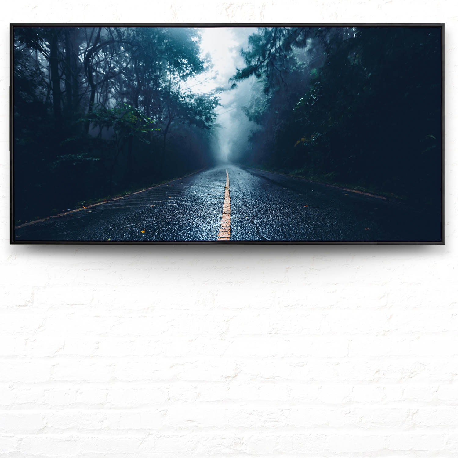 Wald & Bäume Straßenperspektive im schwarzen Bilderrahmen, 180x90cm