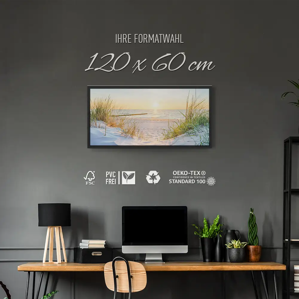 Strand & Meer Ostsee Sonnenuntergang im schwarzen Bilderrahmen, 120x60cm