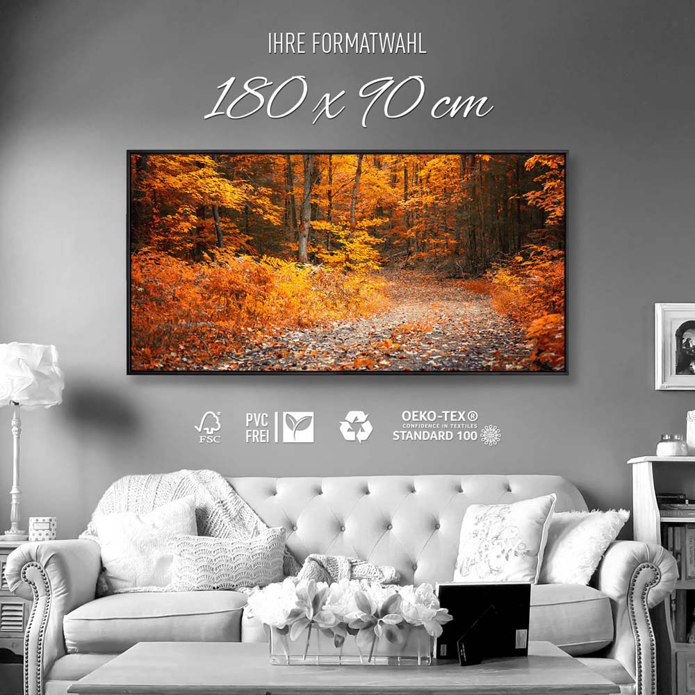 Wald & Bäume Herbst Wanderung II im schwarzen Bilderrahmen, 180x90cm