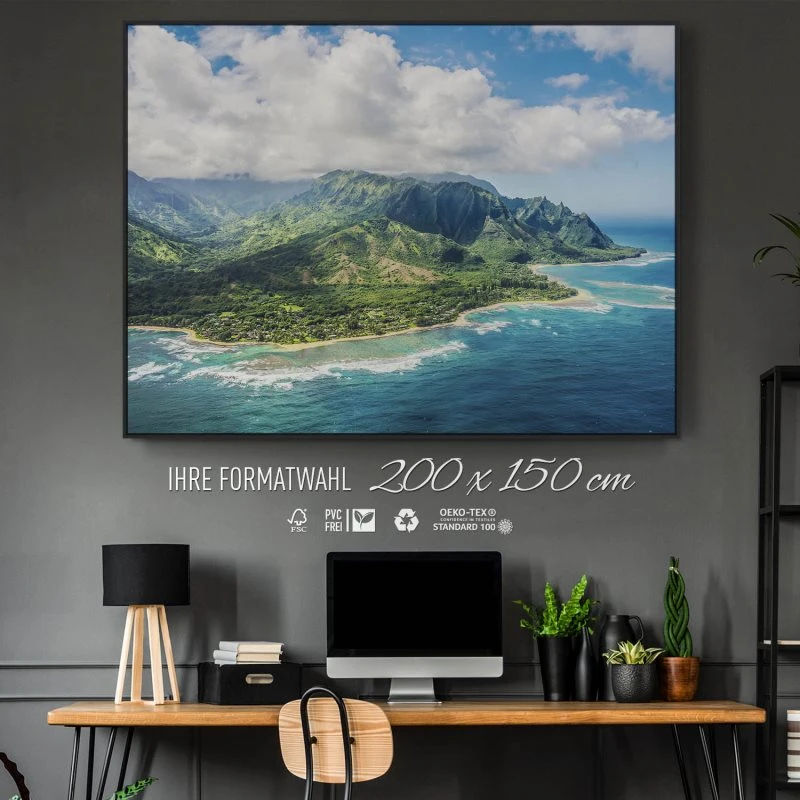 Berge & Gebirge Hawaii Klippen Insel Kauai im schwarzen Bilderrahmen, 200x150cm