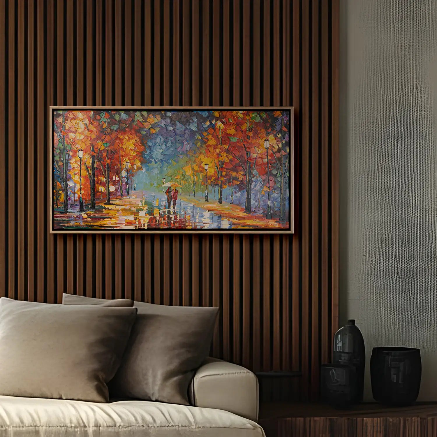 Wandbild 100x50 cm im Rahmen Eiche hell – Abstrakte Nachtlandschaft mit urbanem Flair, handgemalt in Acryl und Strukturpaste, ein Pärchen auf leuchtendem Weg – „Der Weg des Lichts“
