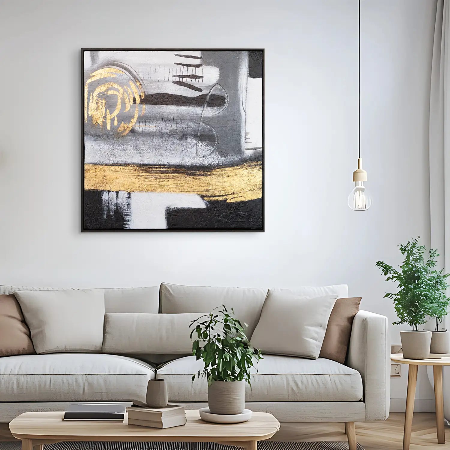 Wandbild echt handgemalt 60x60 cm im Rahmen Eiche dunkel – modernes, abstraktes Spiel aus Gold und Grau, das den Wert des Augenblicks feiert – „Goldenes Jetzt“