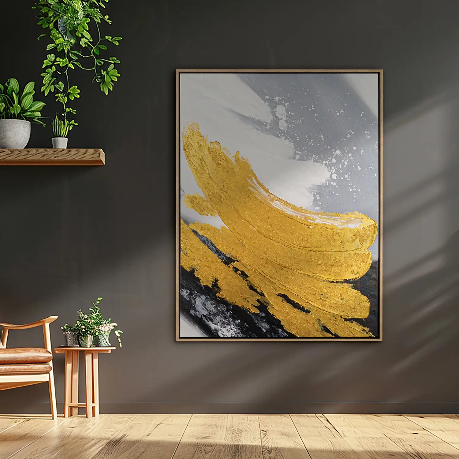 Gemälde 150x200 cm im Rahmen Eiche hell, handgemalt mit Acrylfarbe und Strukturpaste, abstrakte Komposition in Gold, Weiß, Schwarz und Grau – „Goldene Reflexionen“