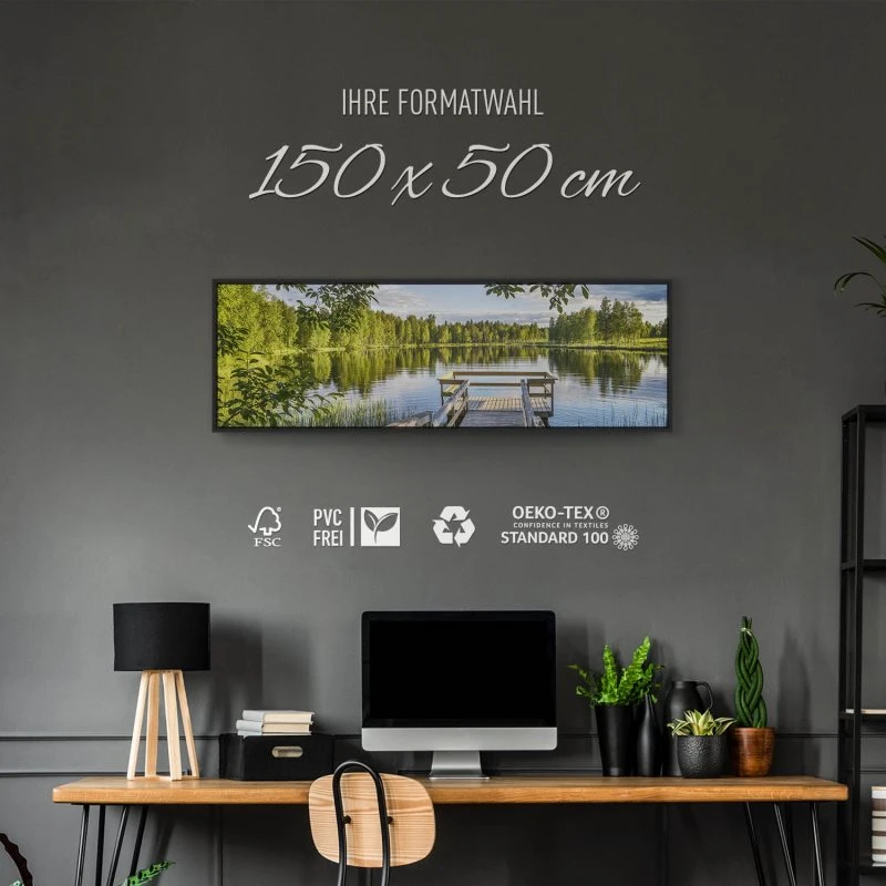 Flüsse & Seen Seenplatte Finnland im schwarzen Bilderrahmen, 150x50cm