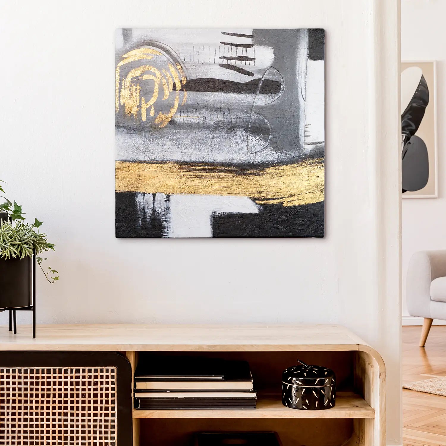 Leinwandbild handgemalt 80x80 cm ohne Rahmen, moderne Abstraktion in Gold und Grau – "Goldenes Jetzt"
