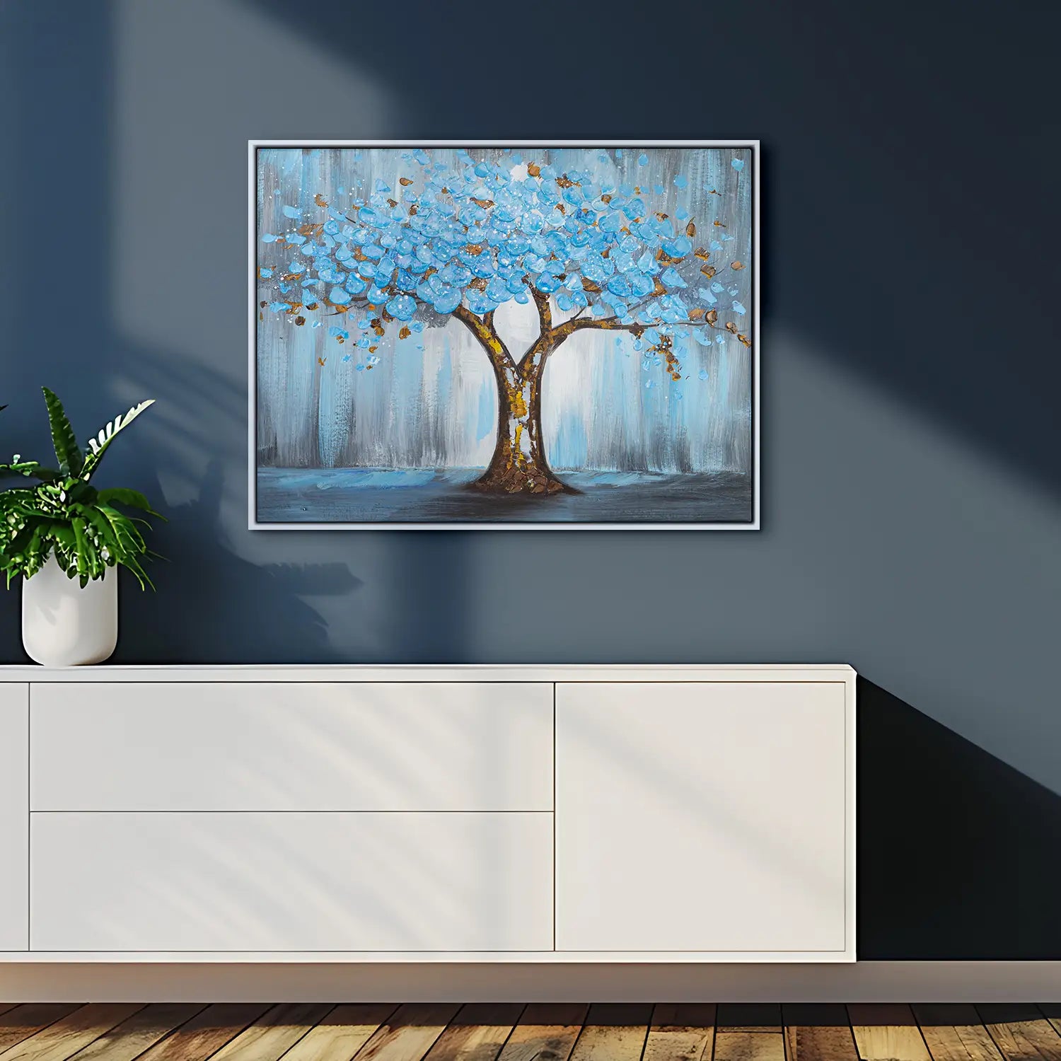 Gemälde 160x120 cm im Schattenfugenrahmen Weiß, handgemalt mit Acrylfarbe und Strukturpaste, abstrakter Baum der Natur – „Baum der Ewigkeit“