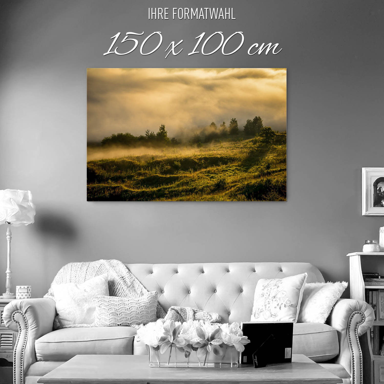 Wald Wiese Nebel am Morgen als XXL Alu-Dibond Bild 150x100cm