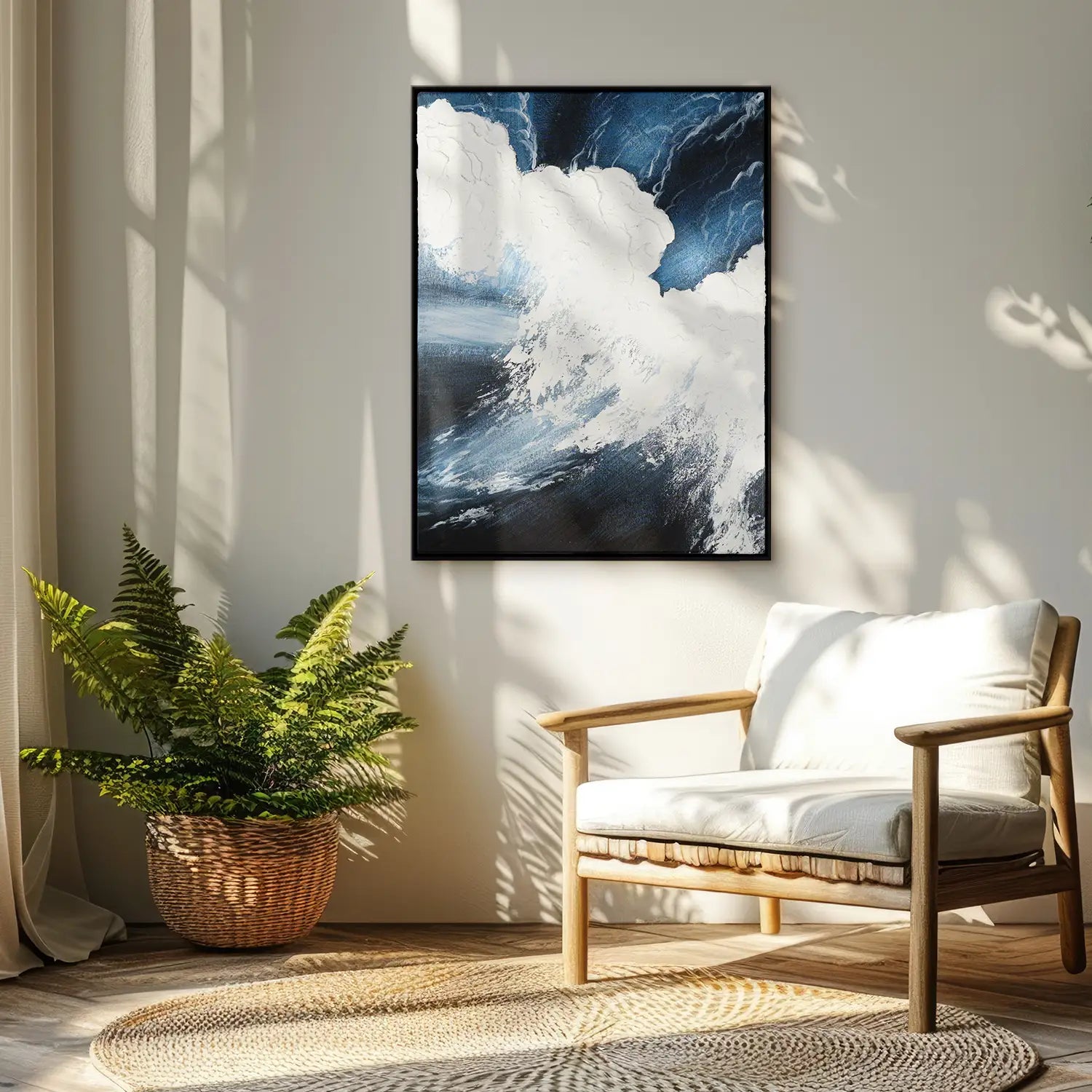 Gemälde 60x80 cm im Schattenfugenrahmen Schwarz, handgemalt mit Acrylfarbe und Strukturpaste – mediterrane Wellen des Lebens III – Polaritäten des Lebens III