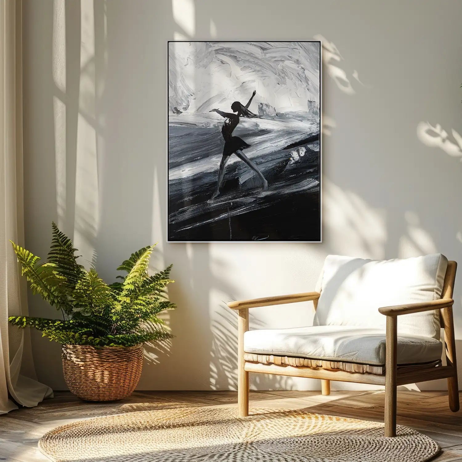 handgemaltes Gemälde 150x200 cm im Schattenfugenrahmen Weiß, dramatische Eleganz in Schwarz, Weiß und Grau – „Die Tänzerin“