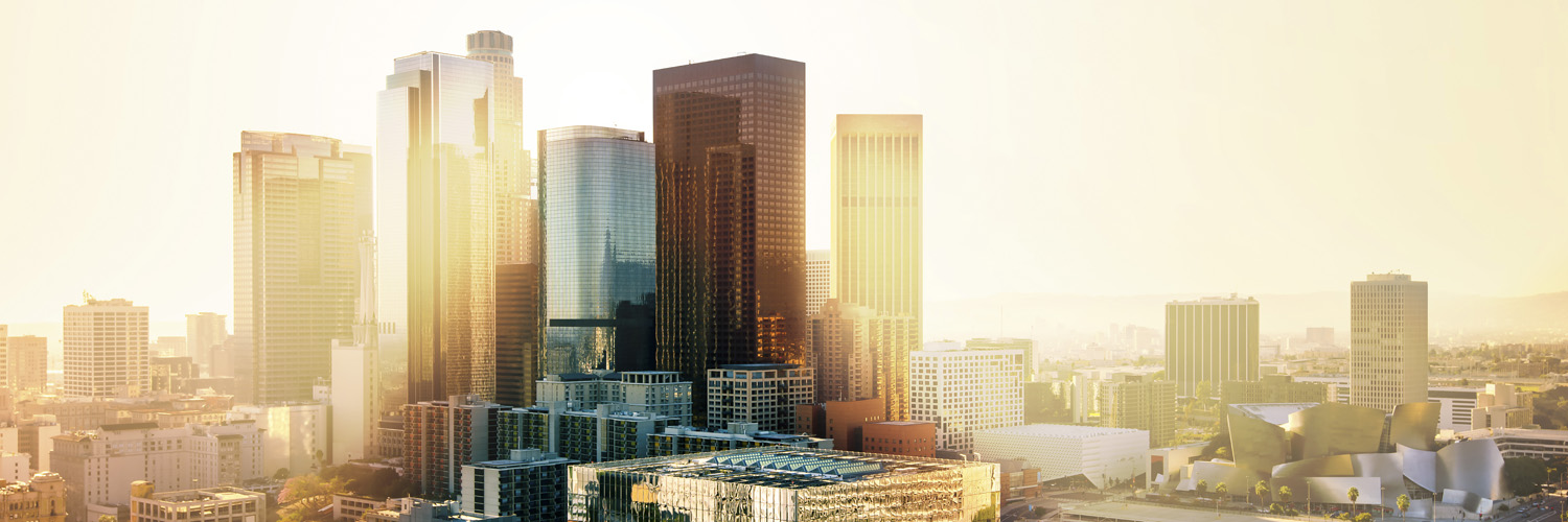 Skyline Los Angeles Sunset als Leinwand Bild 150x50cm
