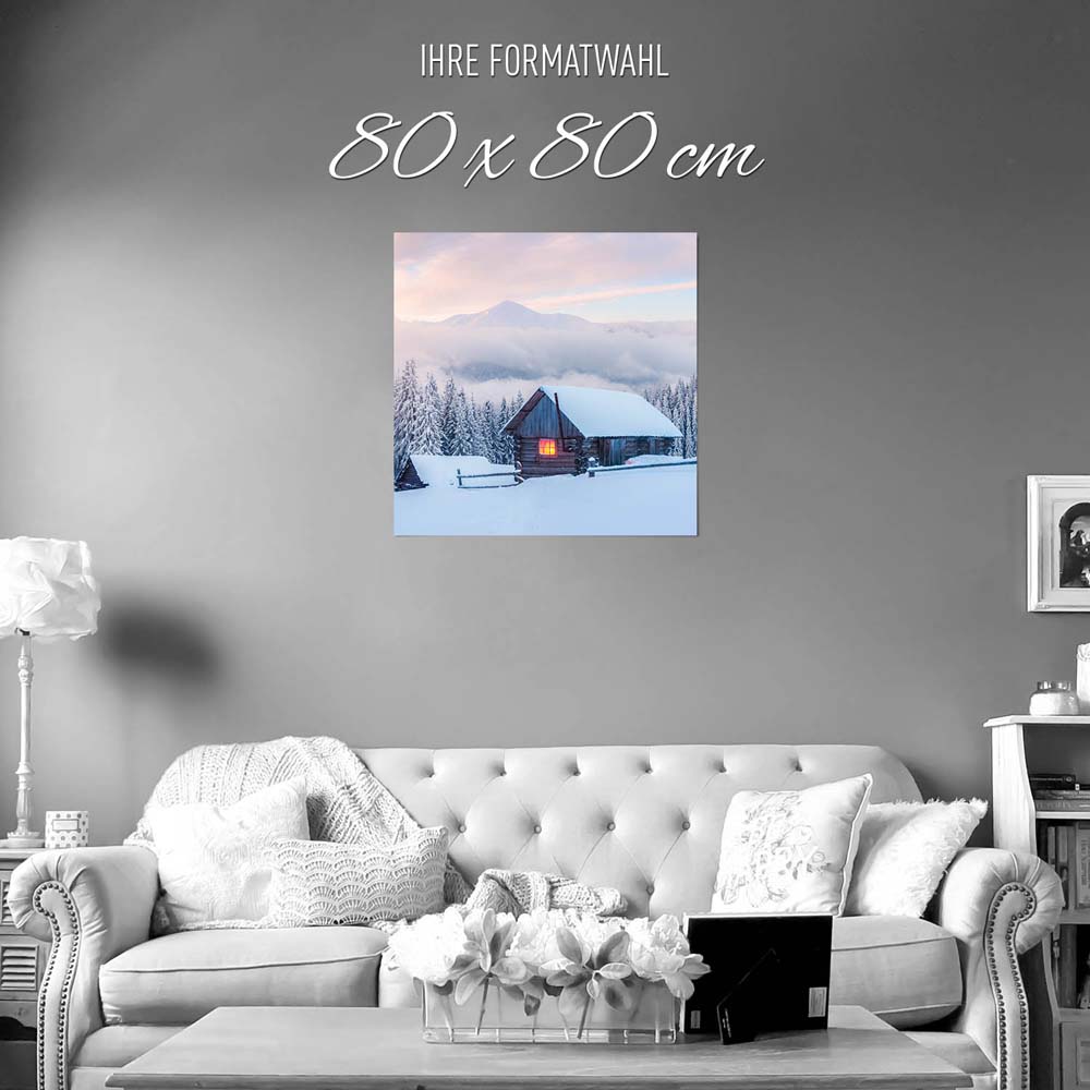 Poster 80x80cm groß, Berge & Gebirge Winterhütte