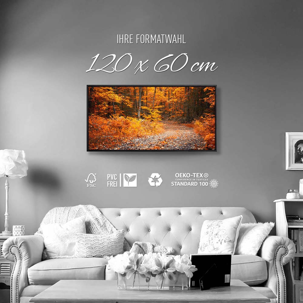 Wald & Bäume Herbst Wanderung II im schwarzen Bilderrahmen, 120x60cm