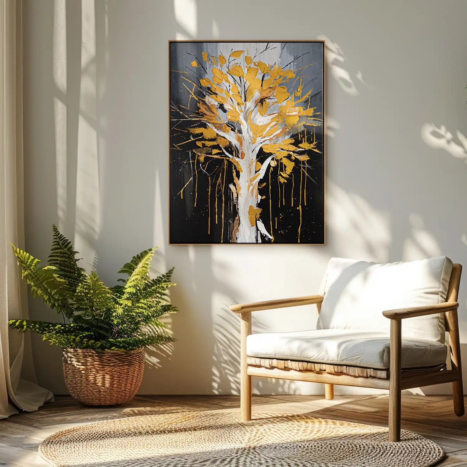 Wandbild echt handgemalt 150x200 cm im Rahmen Eiche hell, abstrakte Baumkrone in Gold und Schwarz – „Golden Leaves“
