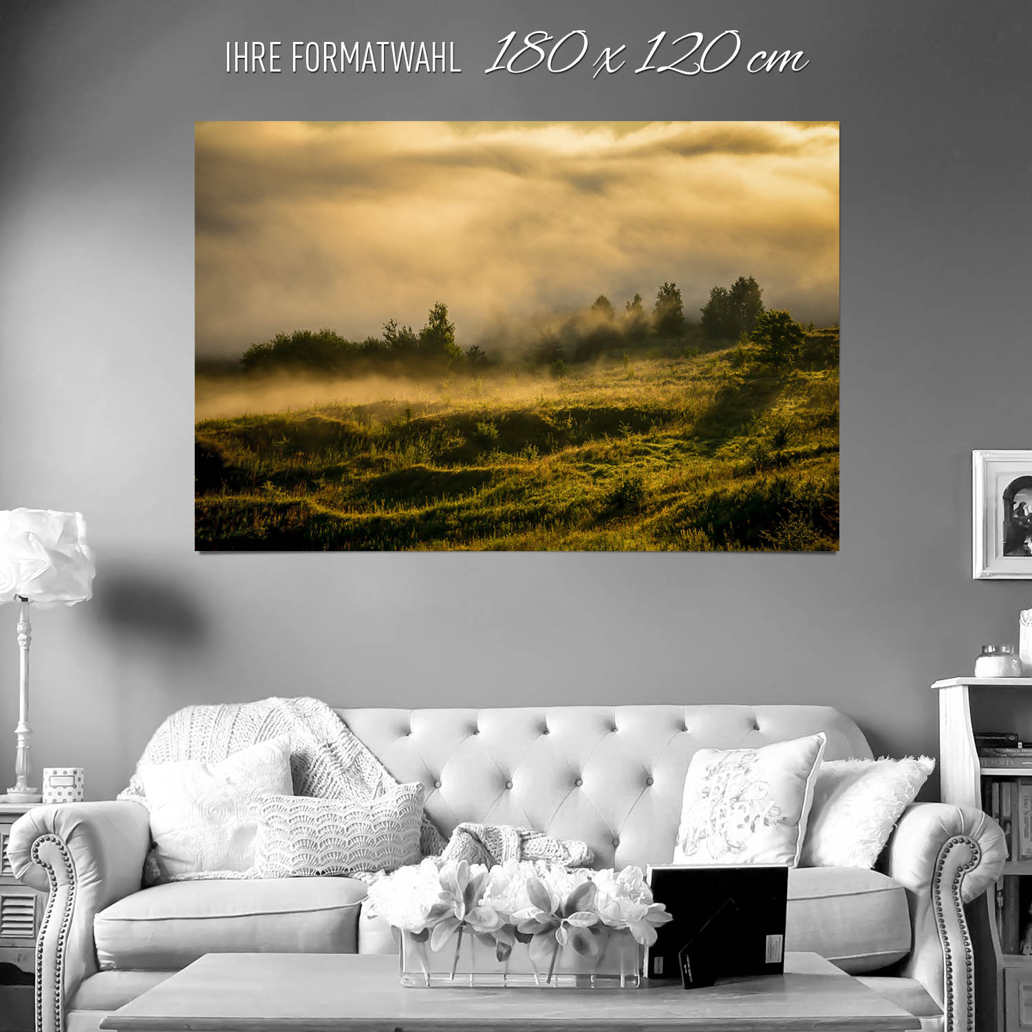 großes Poster Wald Wiese Nebel am Morgen, 180x120cm
